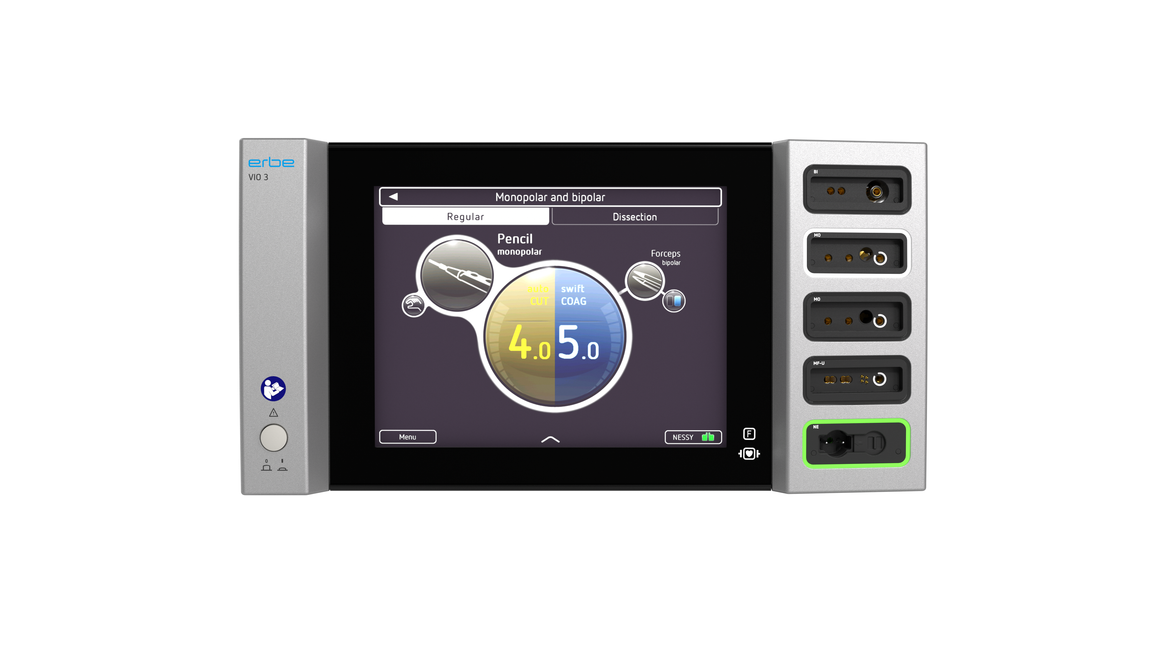 VIO® 3 electrosurgical generator with illuminated display showing autoCUT off and swiftCOAG modes on the user interface.
